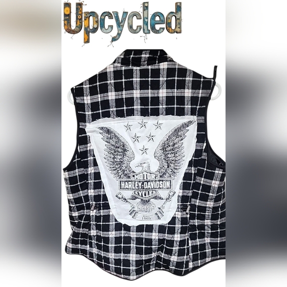Upcycled Black & White Plaid Vest – Size Large – Harley Davidson Patch - Picture 2 of 8